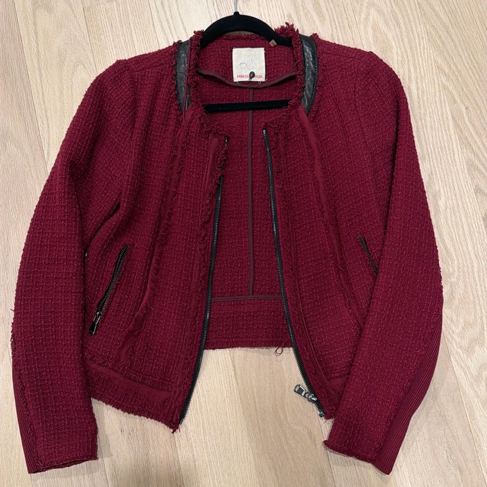 Rebecca Taylor maroon tweed jacket with leather trim at collar - size 4